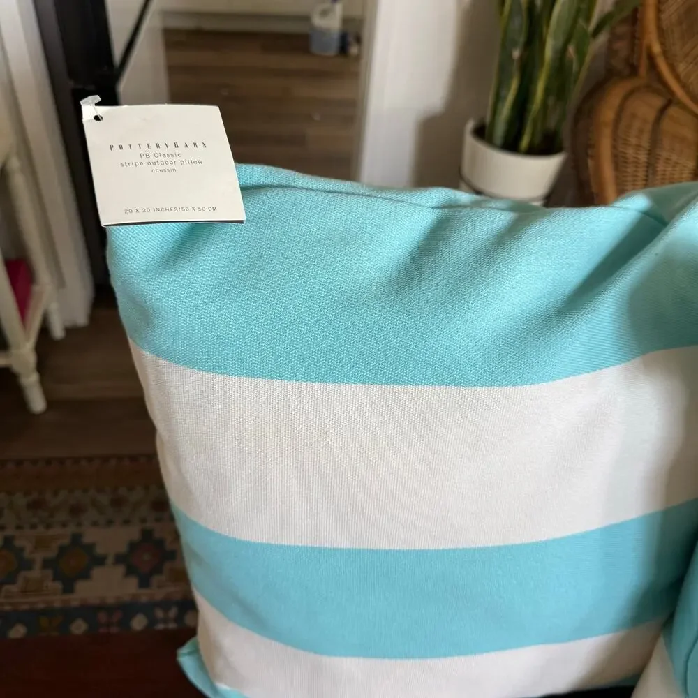 New Pottery Barn Classic turquoise striped pillows  20 in set of 2